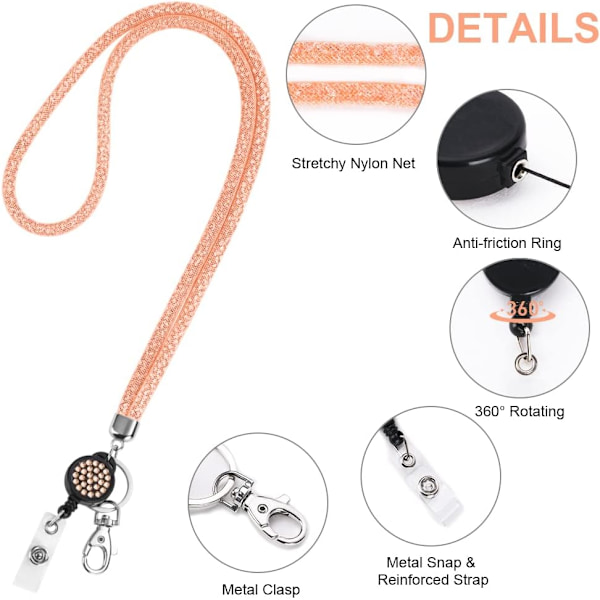 Korthållare med snodd, kristallsnodd med transparent ID-korthållare, snodd och brickhållare set, nyckelring brickhållare och nackrem för nycklar Rose Gold