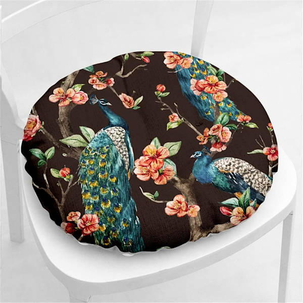 Rund linnekudde stolsdyna, quiltad sittdyna blomma & fågelserie golv tatami bekväm vadderad soffa matstolar kuddar Peacock
