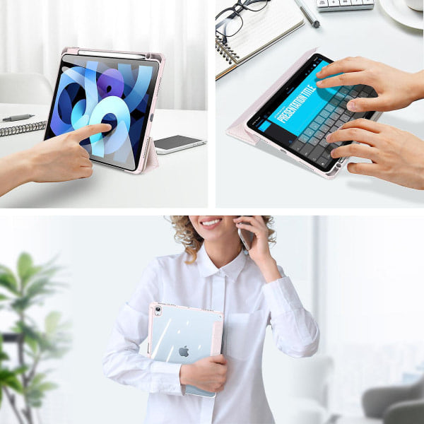 Kotelo iPad Air 4 10.9 2020:lle, Folio Tri-Fold -jalustallinen älykäs kotelo irrotettavalla ohuella kovakuorisella läpinäkyvällä takaosalla - Pinkki
