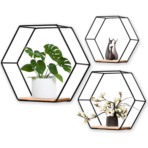 Set med 3 Hexagon Metal Wood Vägghyllor för kökshylla, badrum, sovrum, väggdekoration (svart) black