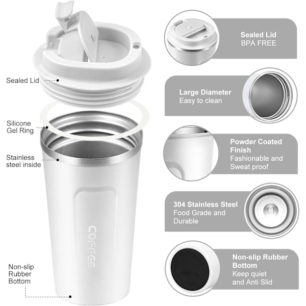 Reisekopp med lekkasikkert lokk Gjenbrukbar isolert kaffekopp for varme og kalde drikker/te Bærbar termos i rustfritt stål Termoskopp for takeaway White 510ml