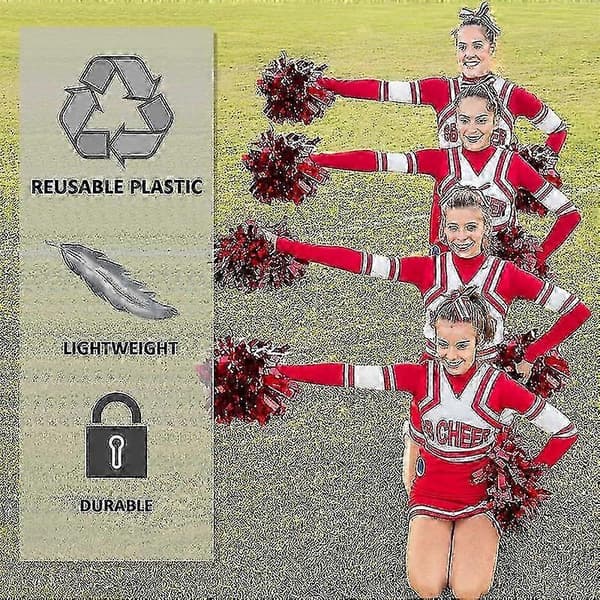 12 stk. cheerleading-pomponger for barn, metallfolie plastring cheer-pomponger for gutter Large Red Silver