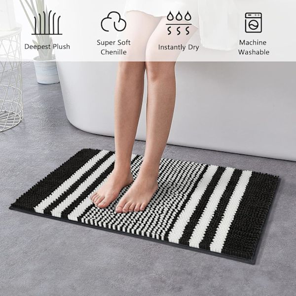 Badematte Teppe Ekstra Myk og Absorberende Fluffy Stripete Chenille, Sklisikker Lussete Badegulvmatte, Maskinvaskbar (40 x 60 cm) Black