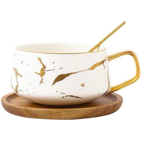 Porcelæn Te Kop Kaffe Kande Sæt til Eftermiddagste - Marmor Mønster (Sort, Kort 300ml + Træ Underkop)