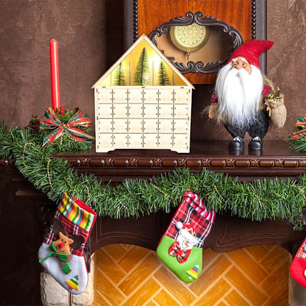 Träjulkalender med 24 lådor, LED-belysning, juldekoration