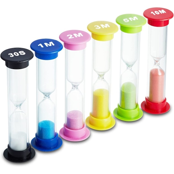 Sandtimer i 6 Farver Timeglas Sandur Timer 30 sek, 1 min, 2, 3, 5 og 10 min. Til Klasseværelse Spil Hjem Kontor, Tandbørste Timer til Børn
