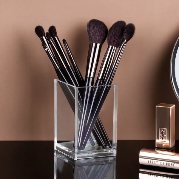 Transparenta sminkborsthållare - 2-pack, Akryl Kosmetisk Borste Eyeliner Förvaring för Sminkbord och Bänkskiva, Skrivbords Penna Pennkopp