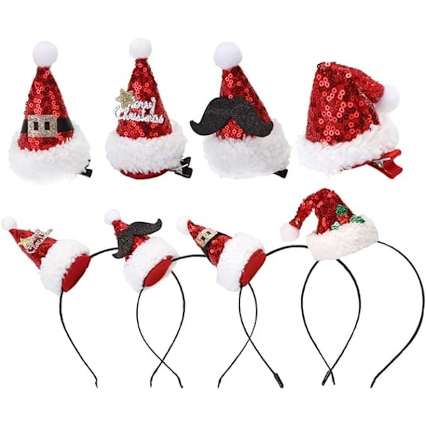 8 stk Mini Julehatt Hårklipp Julehatt Hodebånd Glitter Julenissehatt Hårklipp Hodeplagg Hodebånd Julenissehatt for Barn Voksne Julenissen