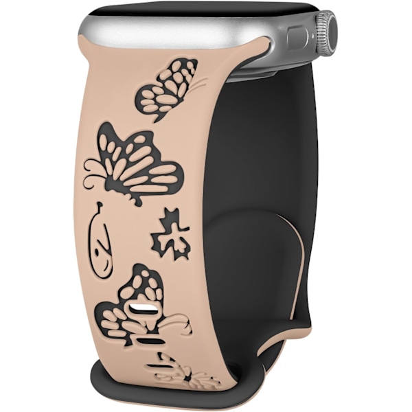 Kukallinen kaiverrettu ranneke Apple Watch -kelloille, naisten kellohihna, silikoninen söpö kukka-perhonen urheilunauha Apple Watch -sarjoille Milktea Black 42/44/45mm