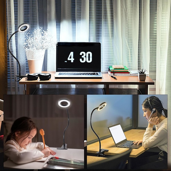 Bordlampe med Klips, 10 Dæmpbare Lysstyrker, 3 Lystilstande, Læselampe, Klips til Sengelampe til Maling, Håndværk, Studie, Videokonference