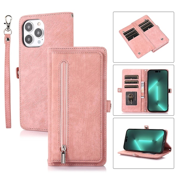 Mobilskal i läder med flera kortfack för iPhone 15 Pro Max Pink