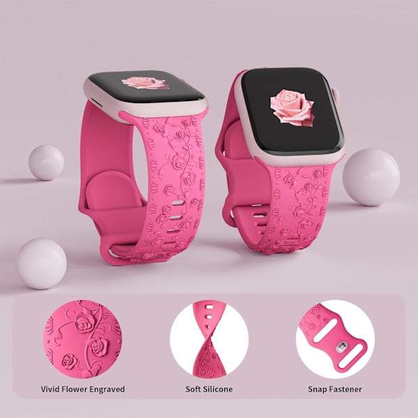 Graveret rem til Apple Watch remme iwatch rem Kvinder, Blød Silikon Rose Blomstermønster Bånd til iWatch Serie Rem Barbie Pink/Starlight 38/40/41mm