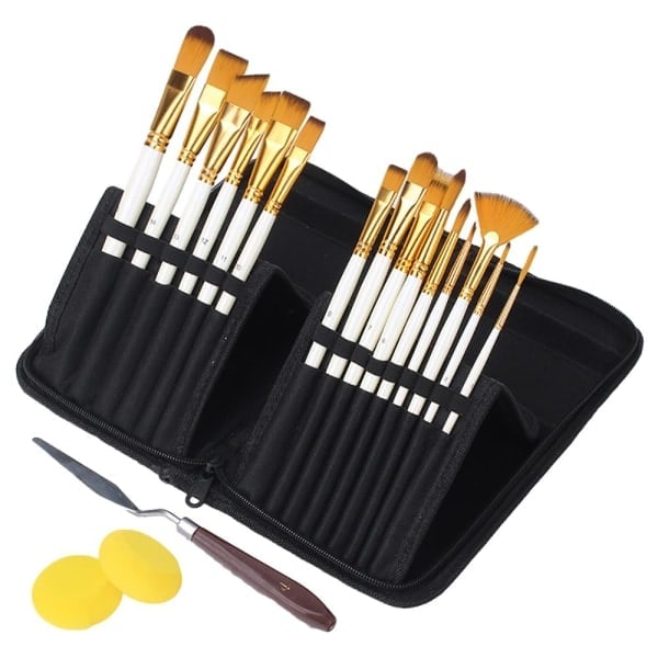 Mainter Settings 18 dele, Ratel Akrylpensel, Kunstnerpensler inklusive 15 pensler, blandingspalette, 2 svampe, spartel, detaljemaleri