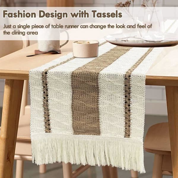 Makrame bordløper, kremhvit beige bordløper med dusker, bomull og jute bordløper for bohemsk stil
