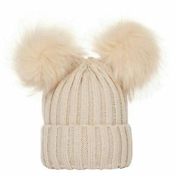 Nyfödd Baby Pojke Flicka Dubbel Pälsboll Mössa Vinter Varm Stickad Tofsmössa Beige Adult