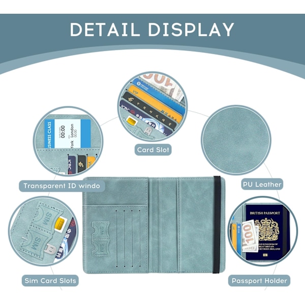 Passportskydd i PU-läder med RFID-blockering, reseplånbok med kortfack och elastisk rem Sky Blue