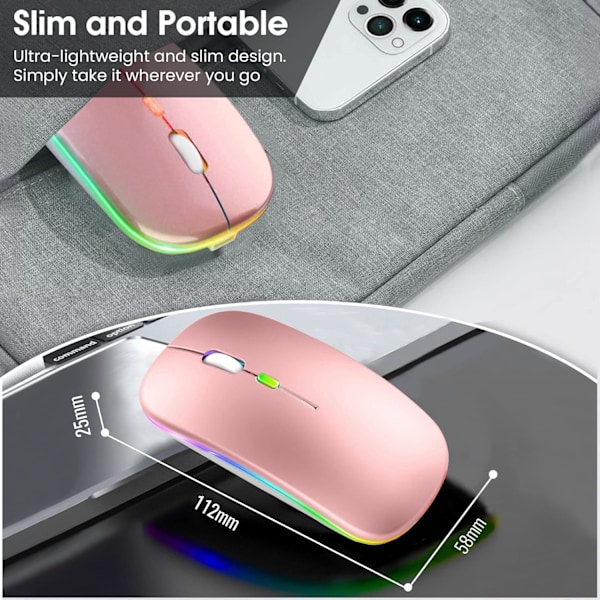 LED Trådløs Mus, Slank Genopladelig Trådløs Lydløs Mus, 2.4G Bærbar USB Optisk Trådløs Computermus med USB Modtager til Notebook, PC, Laptop Rose Gold