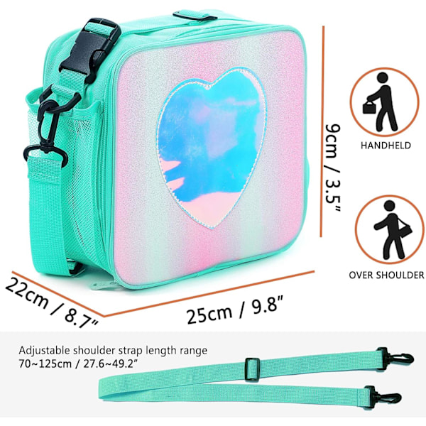 Lunch Bag Isolerad Lunchlåda för Flickor - Regnbågs Tote Bag Läckagesäker Termisk Återanvändbar Kylare Picknickväska för Kvinnor Skola Kontor Utomhus Green