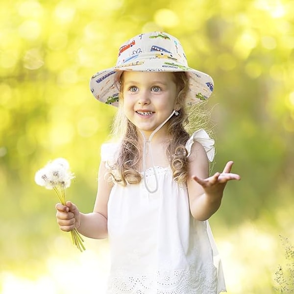 Barnebøttehatt, Unisex Barne Sommerhatt Bredbremmet Solbeskyttelseshatt, Foldbar Strandlue med Justerbar Hakestropp Car beige
