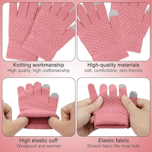 Vinterhue, Halsklæde og Handsker Sæt til Børn, 3 stk. Strikket Varmt Hæklet Tykt Fluffy Halsklæde Pom Pom Hue To Fingre Touch Screen Handsker Sæt Pink2