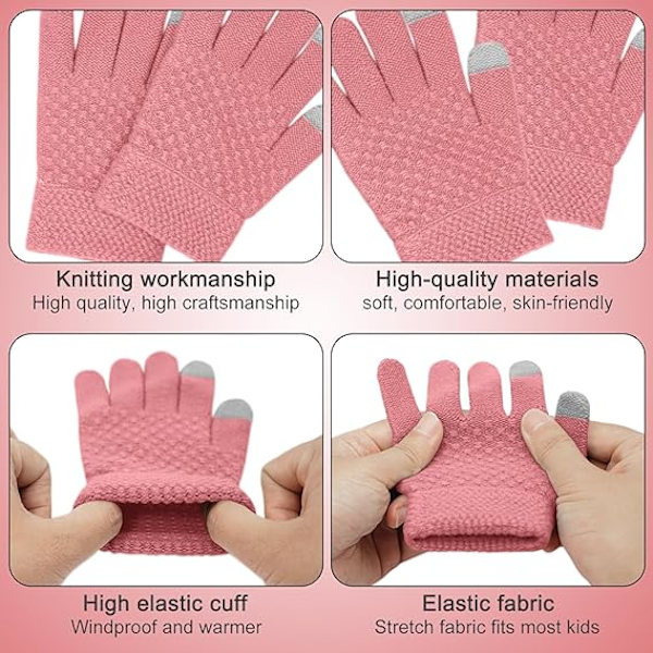 Vintermössa, Halsduk och Vantar Set för Barn, 3-Delar Stickad Varm Crochet Tjock Fluffig Halsduk Pom Pom Mössa Två Fingrar Touch Screen Vantar Set Pink2