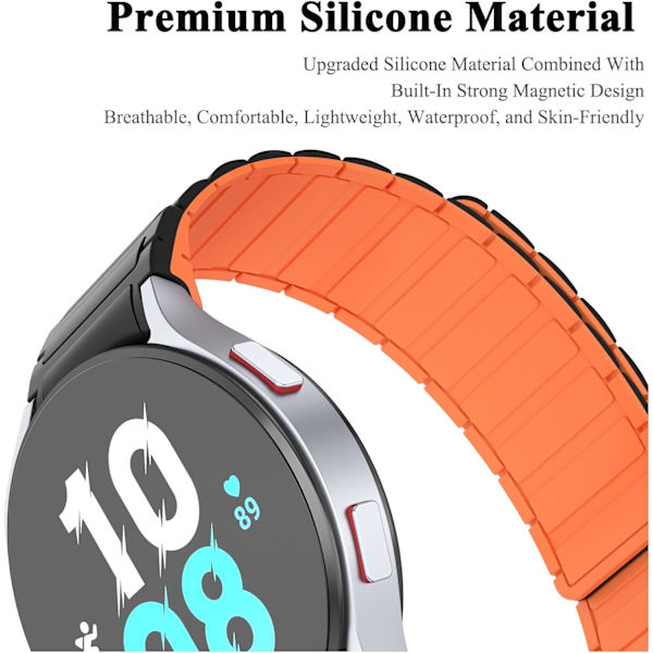 Blød rem kompatibel med Samsung Galaxy Watch 4/5/6 rem til kvinder og mænd, klassiske silikone sportsbånd med magnetisk lukning Black/Orange