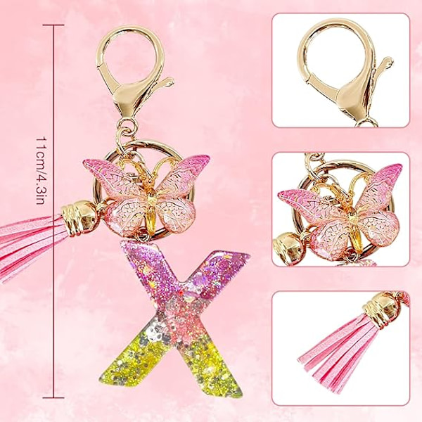 Alfabetet nøglering ringe Pink Cute nøglering med sommerfugl kvast vedhæng indledende bogstaver X