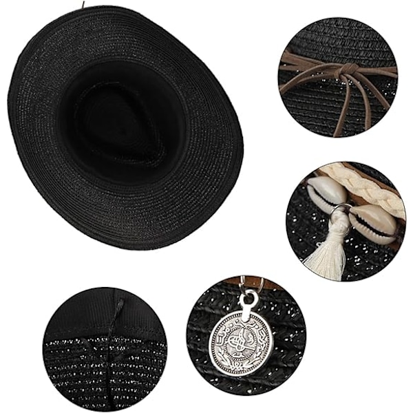 Sommerstrohat til kvinder - Cowboy Cowgirl Hat med bred skygge - Strandferie - Strohat med skalbånd Black