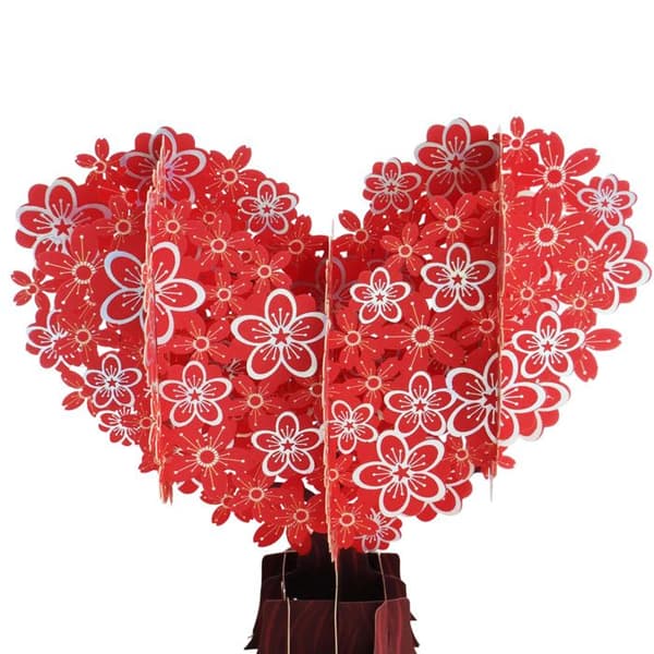 3D pop-up gratulasjonskort, hjerteformet bursdagskort med blomstrende tre, 3D Valentinsdagskort, bursdagskort