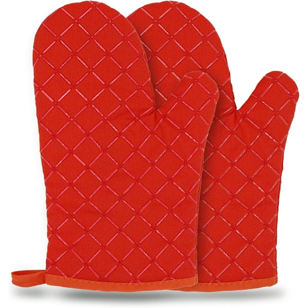 Ugnshandskar, Värmebeständiga Silikon Ugnshandskar Halkskydd Köks Ugnshandskar för Grillning, Matlagning, Bakning, Kök, Mikrovågsugn, Pizza (1 Par) Red-03