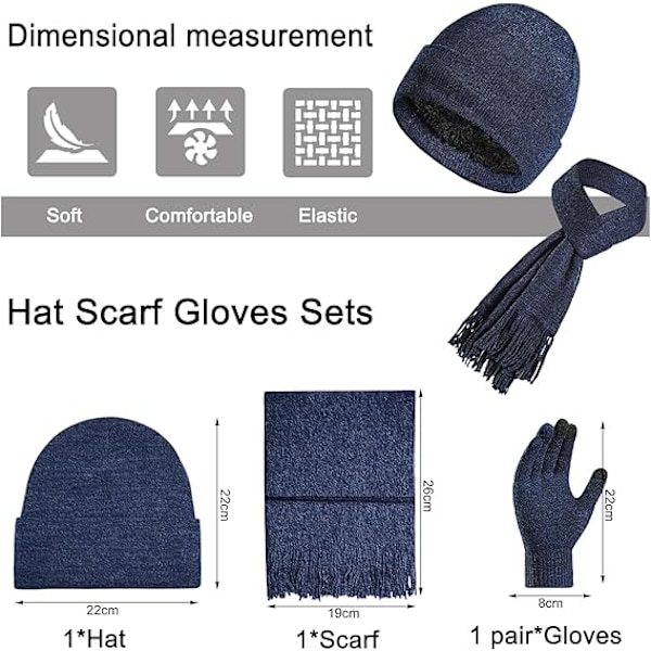 Vinter Unisex Beanie Hatt, Skjerf og Hansker Sett, Elastisk Strikket Hatt Langt Skjerf Berøringsskjermhansker Med Tykk Fleece Innerfôr for Menn og Kvinner Navy