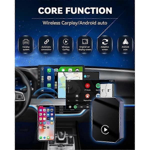 Trådlös CarPlay-adapter uppgraderad för iOS och Android Auto - Bluetooth 5.0, Plug & Play, Auto-anslutning