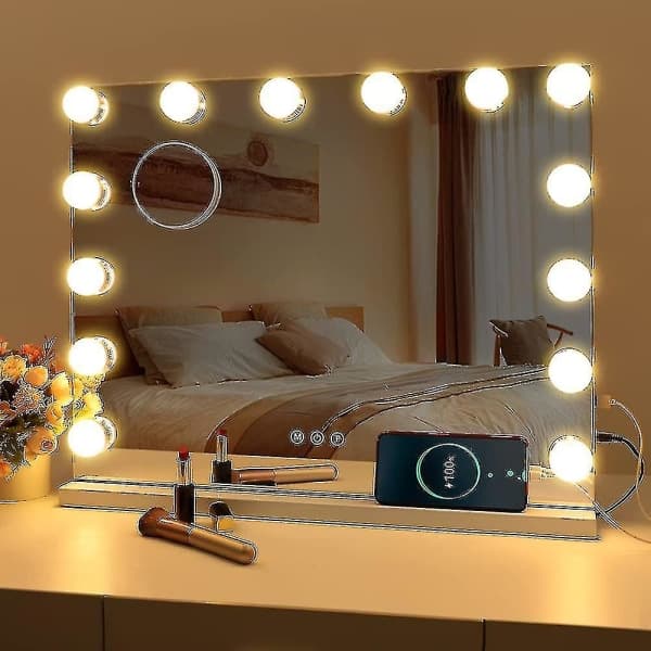 LED Speil USB Sminke med Lys 14 Pærer 3 Lysmoduser