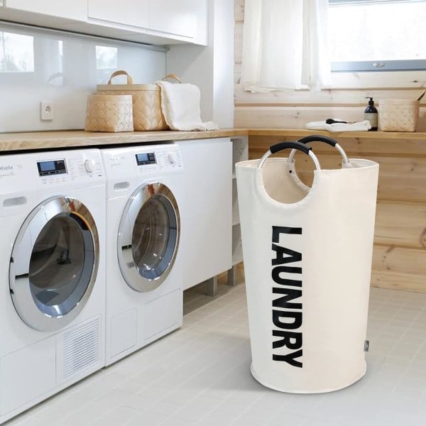 Stor tvättkorg, hopfällbar tvättkorg, fristående hög klädkorg, hopfällbar tvättkorg 90L Beige
