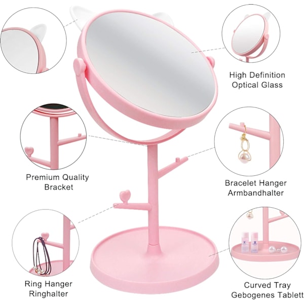 Soveromsspeil & Sminke Speil i Søt Kattøreform for Jentergaver på Bad eller Soverom - Rosa