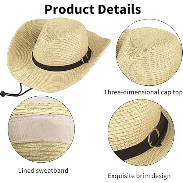Olki Cowboy-hattu Naisille Miehille Naisten Cowboy-hattu Klassinen Western Cowgirl-hattu Cowboy-hattu Naisille Vyöllä Aurinkolakit Laajalla Reunalla Vintage-tyyli Beige