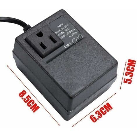 220V til 110V transformator, 200W, med europeisk plugg, for redusert spenning.