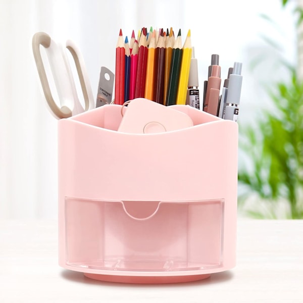 Roterende Pen- og Blyantsholder, 4 Rum Pen Pot - Skrivebordsstationær Opbevaring Makeupbørsteholder til Hjem og Kontor, Pen Organiser Desk Tidy Pink