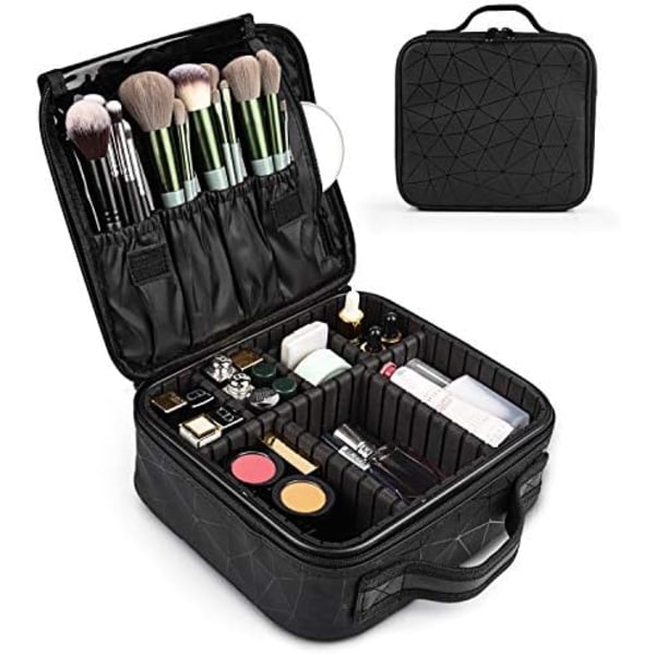 Makeup Taske PU Læder Kosmetik Tog Kasser Kunstner Opbevaringstaske Make Up Værktøjskasser Pensler Tasker Med Rum Pu Leather Black