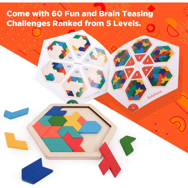 Träpussel för barn - Hexagonalt mönster Tetris Block Tangram Logik IQ Spel Hjärnträningsleksak Present för tonåringar