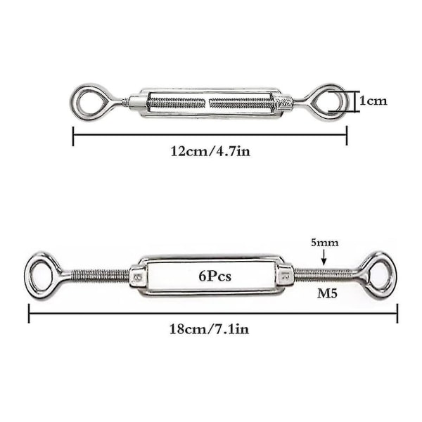 6 stycken kabelspännare M5 justerbara 304 rostfritt stål kabelspännare öga och öga