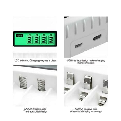 Batterilader, oppladbar batterilader, 4-spors AA- og AAA-batterilader, digital og smart lader, hurtiglading, smartlading