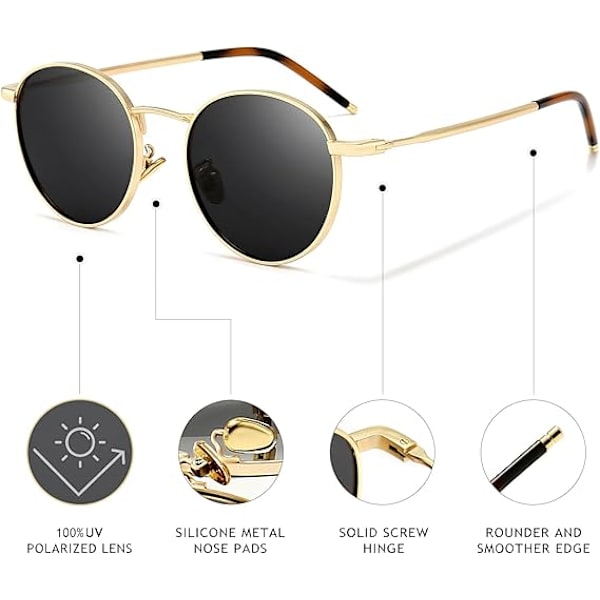 1 kpl Pyöreät Vintage-Polaroid Aurinkolasit Klassiset Retro Metallikehyksiset Aurinkolasit Pyöreät Naisille ja Miehille Gold Frame
