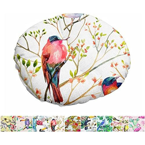 Rund linnekudde stolsdyna, quiltad sittdyna blomma & fågelserie golv tatami bekväm vadderad soffa matstolar kuddar Red Thrush
