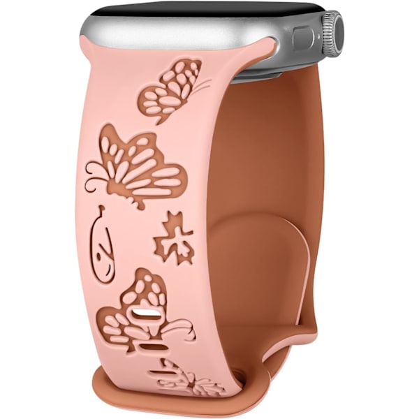 Blommig graverad rem för Apple Watch-remmar, damklockarmband, silikonblommig fjäril sportband för Apple Watch-serien Pinksand Brown 38/40/41mm