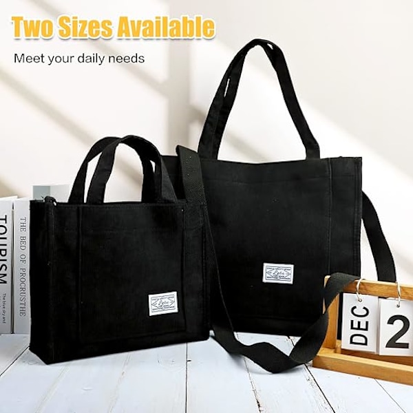 Corduroy Tote Bag för Kvinnor Satchel Bag Snygg Tote Handväska Stor Kapacitet Axelremsväska Reseväska Satchel Rem Plånbok Black