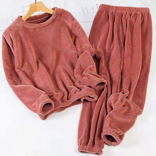 Tykt Varmt Dame Pyjamassæt Ensfarvet Pullover Rund Hals Pyjamas Til Pige Kvinde Kæreste Mor Rose Red XL