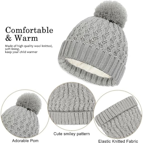 Vintermössa, Halsduk och Vantar Set för Barn, 3-Delar Stickad Varm Crochet Tjock Fluffig Halsduk Pom Pom Mössa Två Fingrar Touch Screen Vantar Set Grey