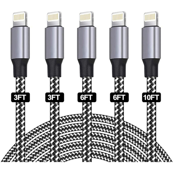 [5-pack 3/3/6/6/10FT] Snabbladdningskabel i nylonfläta för iPhone 14/13/12/11/Pro/Xs Max/X/8/7/Plus/6S/6/SE/5S Pad