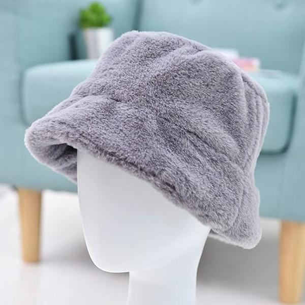 Dam trendig hink med mjuk fuskpäls fluffig tjock bred brätte härlig vinter varm hatt för flickor Gray One Size